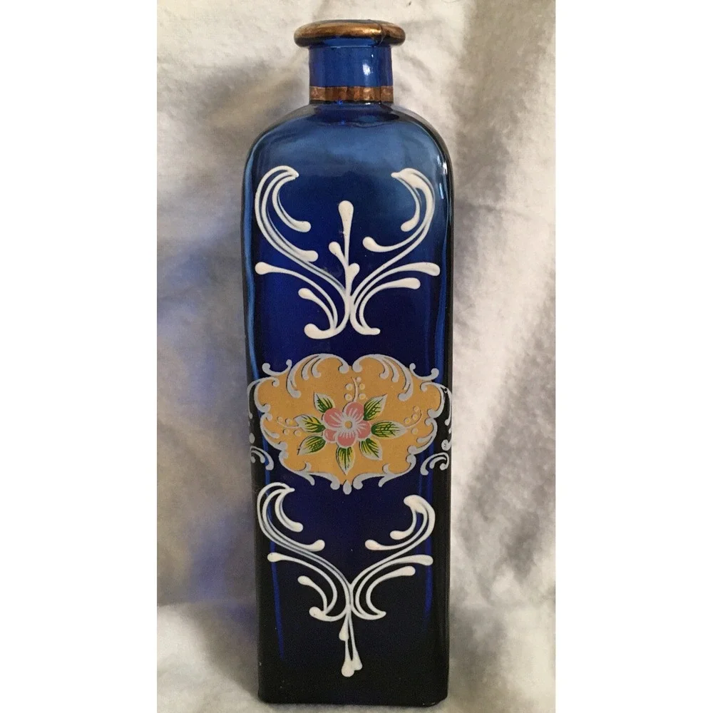 Vintage Bohemian HandPainted Blue/Gold Bottle No Topper
